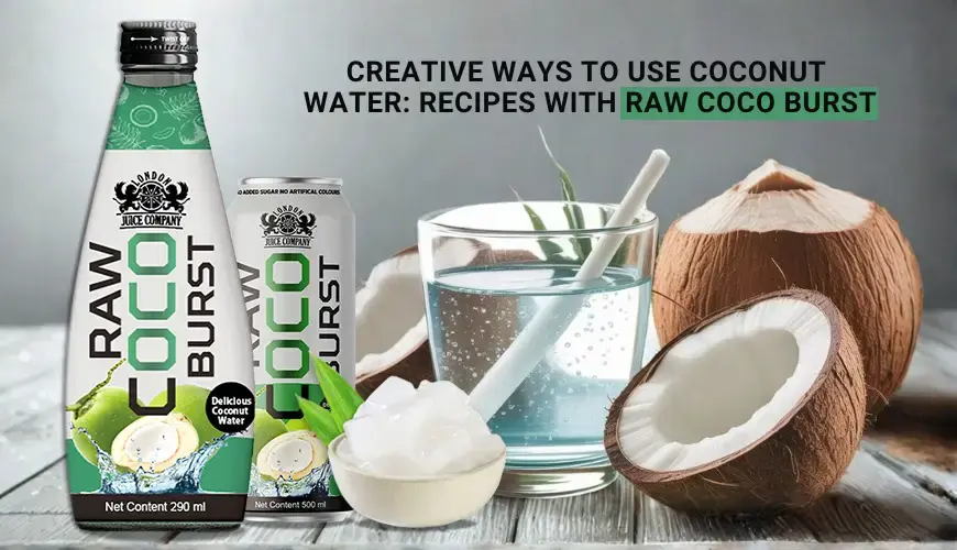 Bottle, can and glass with coconut water and fresh coconuts.